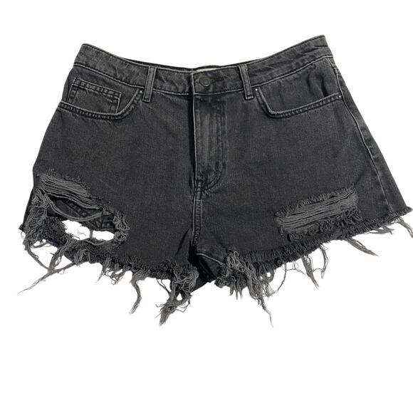 Forever 21 Womens Jean Shorts Size 28 Black Distressed Ripped Mid Rise Denim - Picture 1 of 9